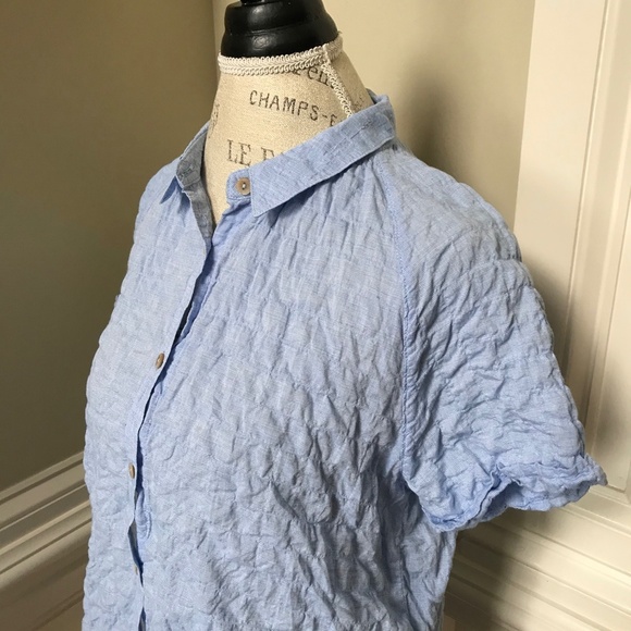 California Tailor Button Down Shirt Womens Small Blue Short Sleeve Cotton Ruched - Picture 6 of 10